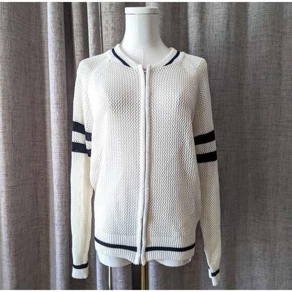 Kate Collection Preppy Mesh Knit Sweater with Stripes & Zipper Front Large - Picture 1 of 8